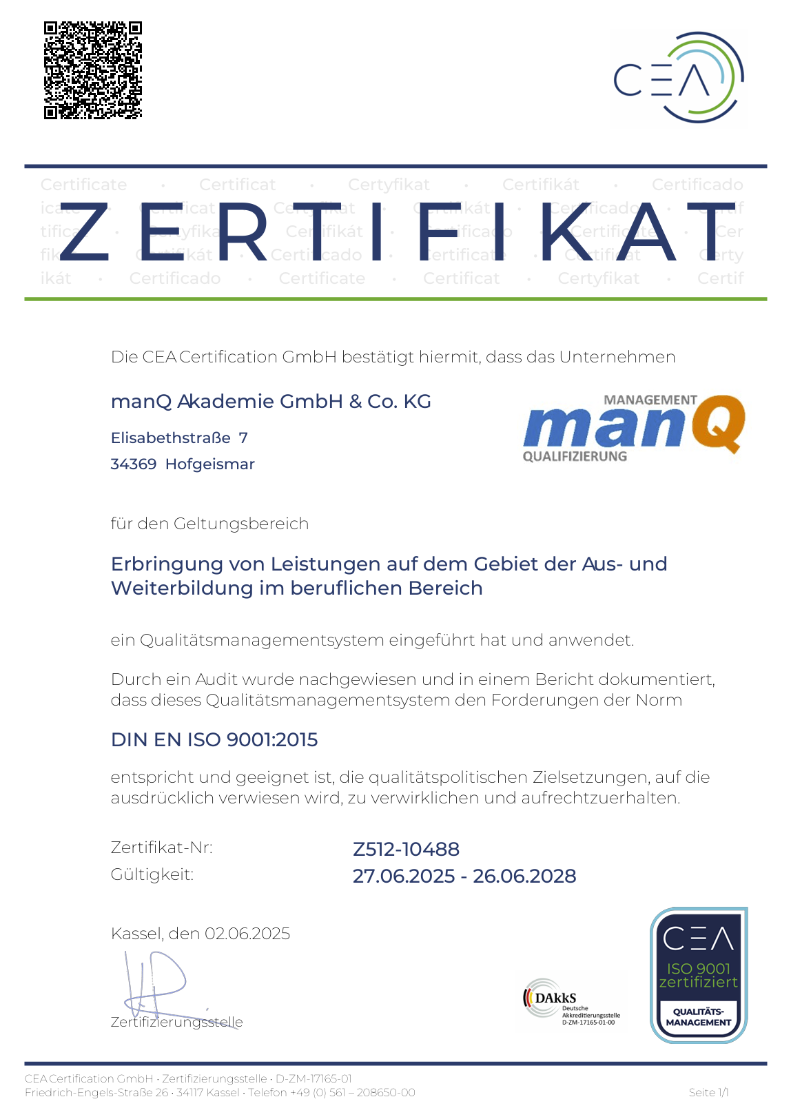 Screenshot des QM-Zertifikat DIN ISO 9001 von manQ