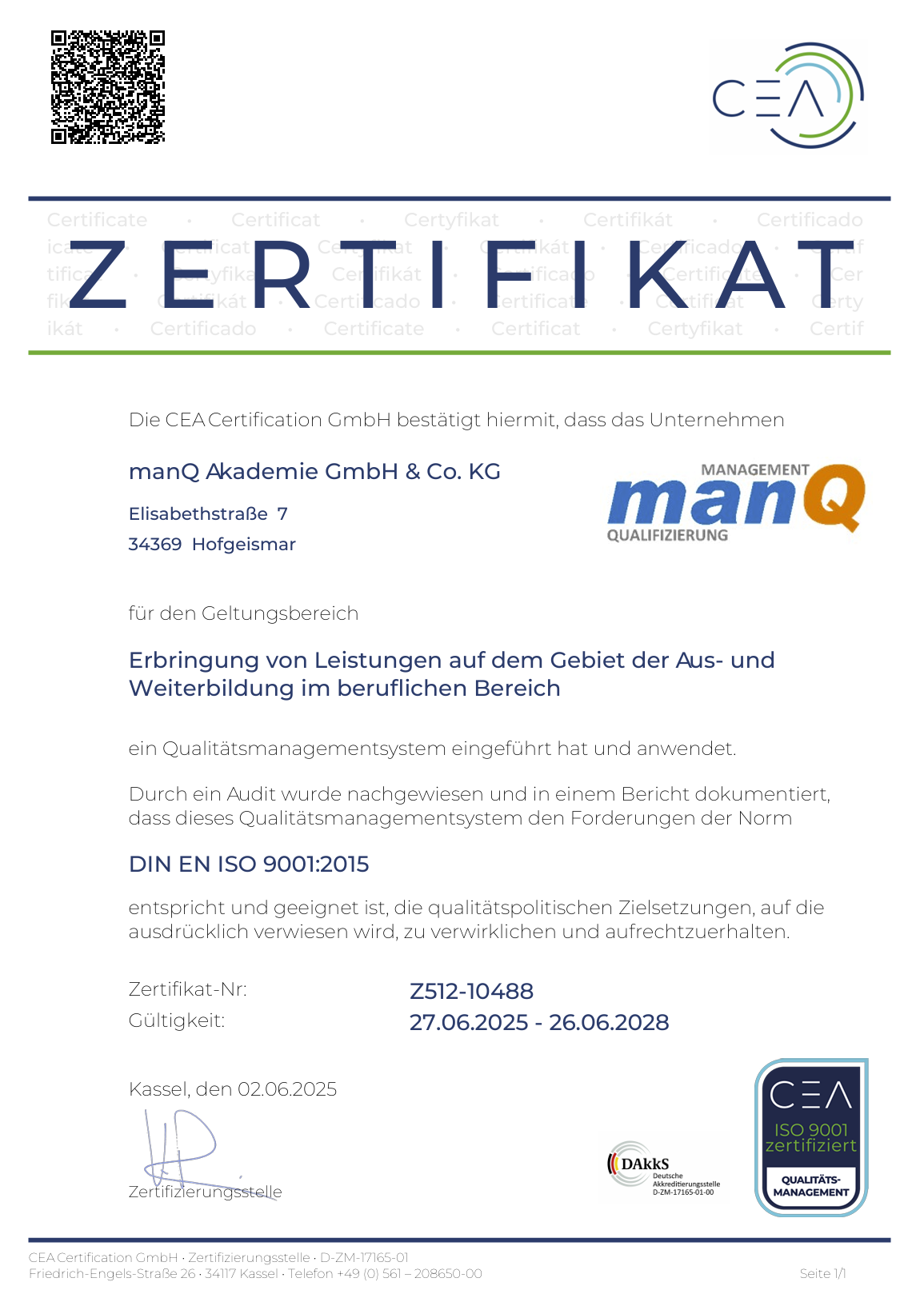 Screenshot des QM-Zertifikat DIN ISO 9001 von manQ