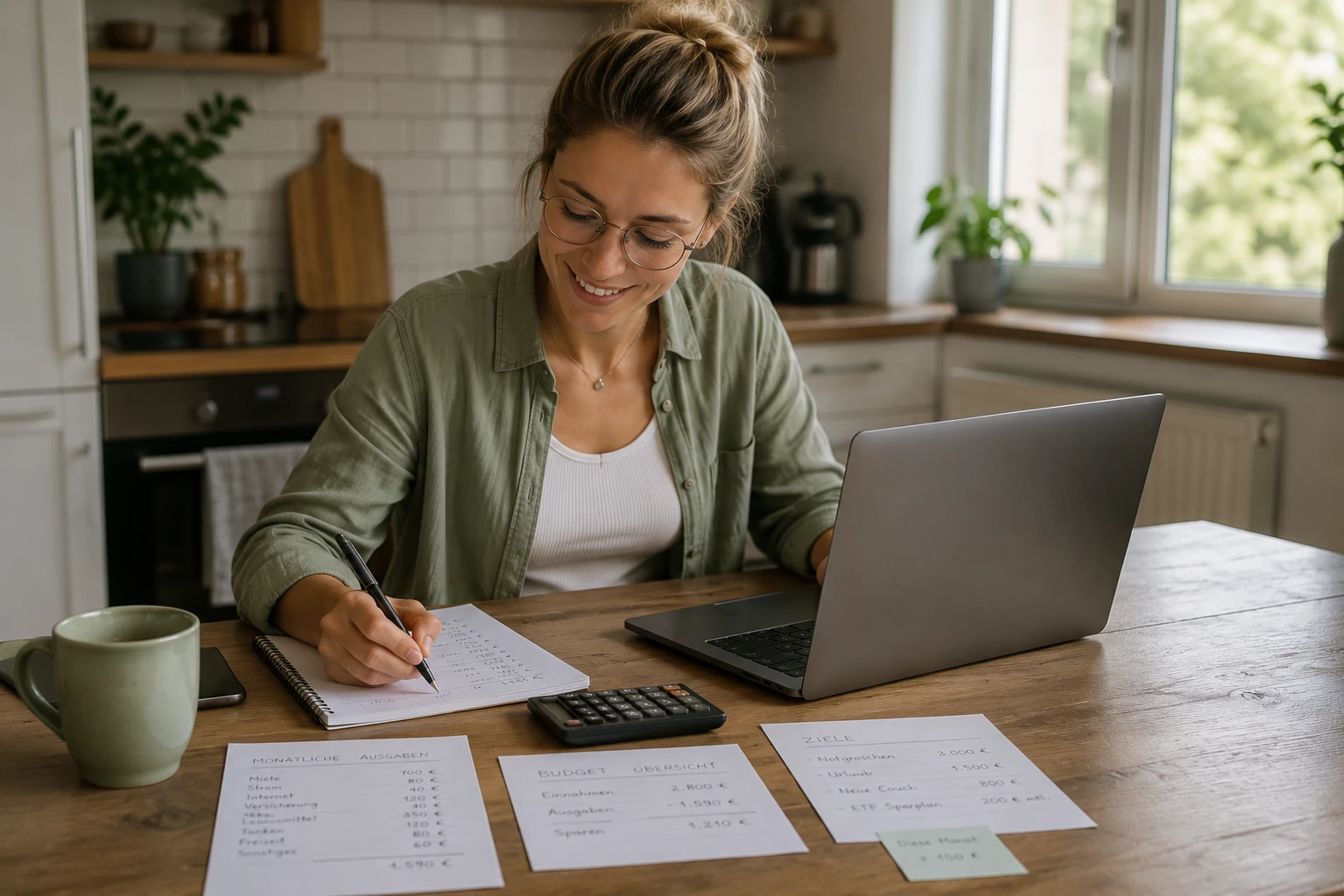 Frau plant mit Laptop, Taschenrechner und Unterlagen die Finanzierung ihrer Weiterbildung.