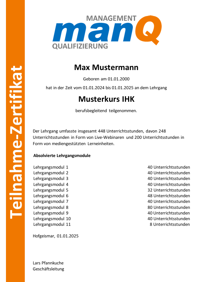 Bild zeigt ein Muster-Zertifikat von manQ