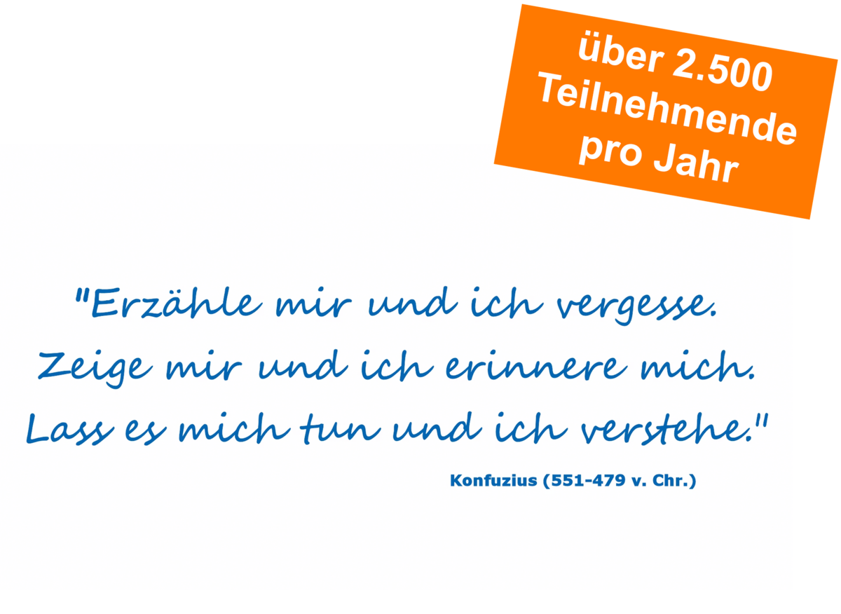 Das manQ-Lernkonzept manQ-Philosophie: "Erzähle mir und ich vergesse. Zeige mir und ich erinnere mich. Lass es mich tun und ich verstehe.“, über 2500 Teilnehmer pro Jahr
