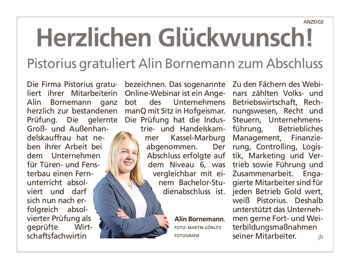 Artikel Pistorius - Weiterbildung Alin Bornemann